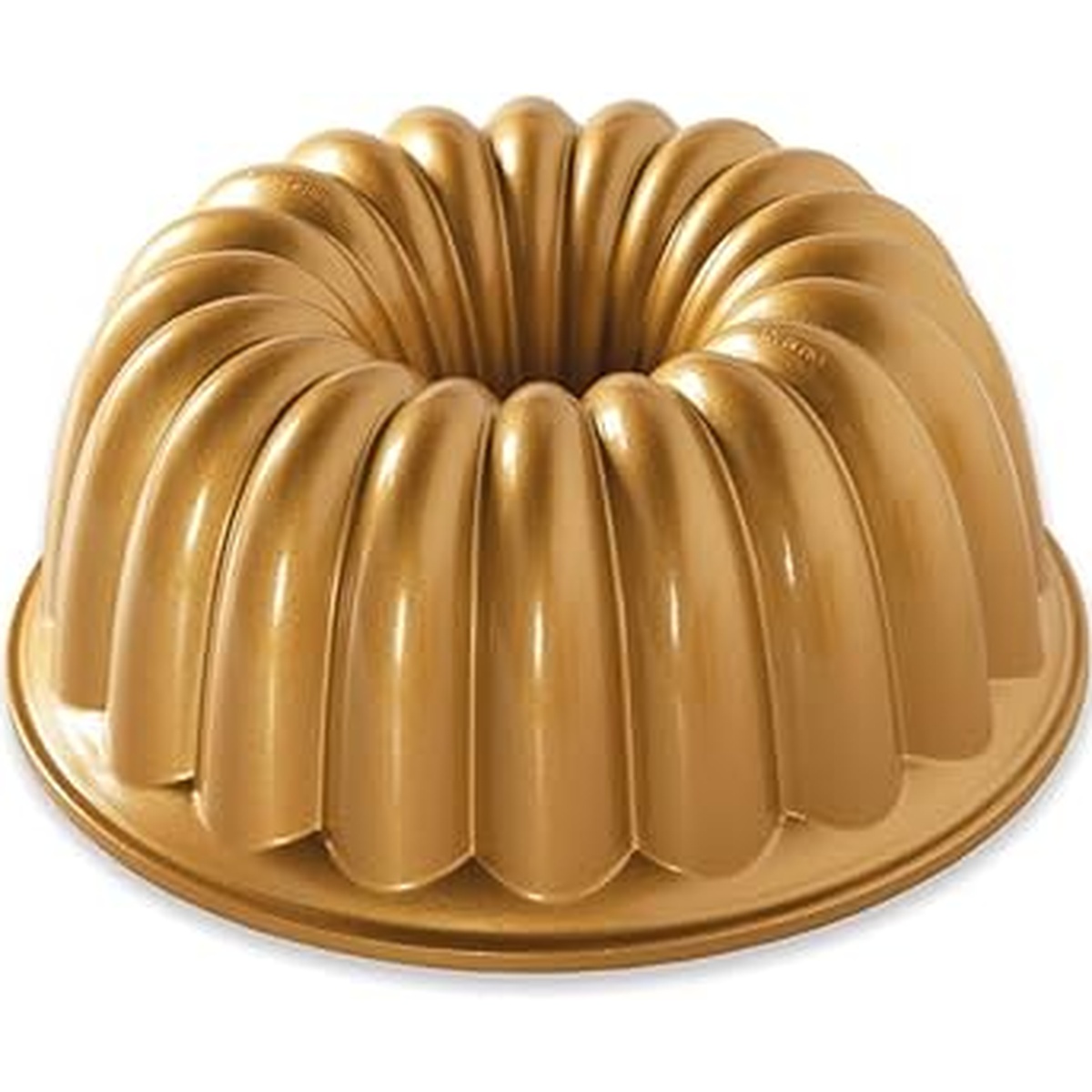 Nordic Ware Elegant Party Bundt Pan in gold finish, showing detailed fluted swirl pattern