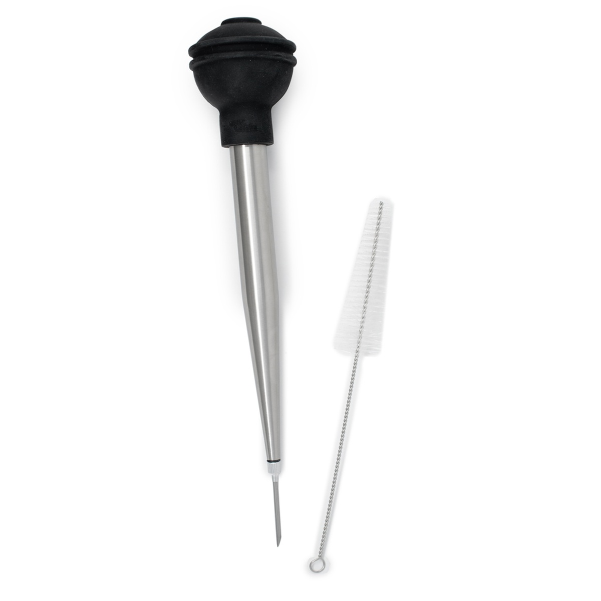 Norpro baster assembled with flavor-injecting needle attached to tip, shown upright beside cleaning brush on white background