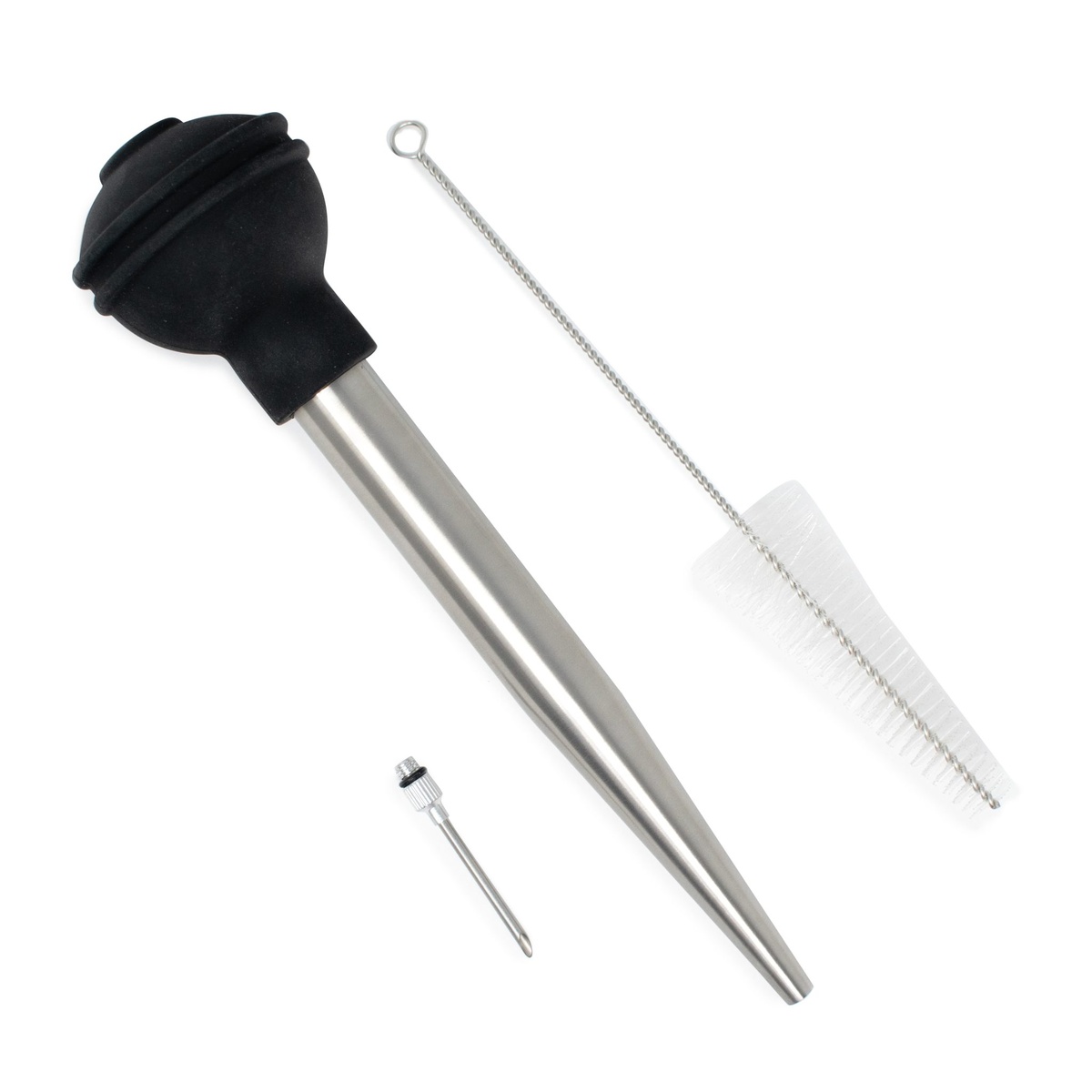 Norpro 5898 stainless steel baster with silicone bulb, flavor-injecting needle, and cleaning brush laid flat on white background
