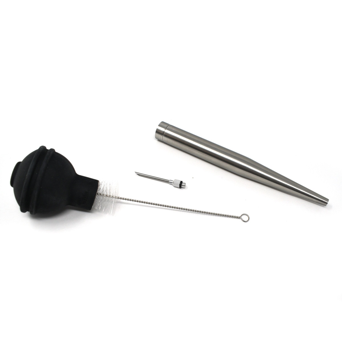 Norpro baster disassembled showing black silicone bulb, stainless steel tube, injecting needle, and cleaning brush arranged at an angle on white background