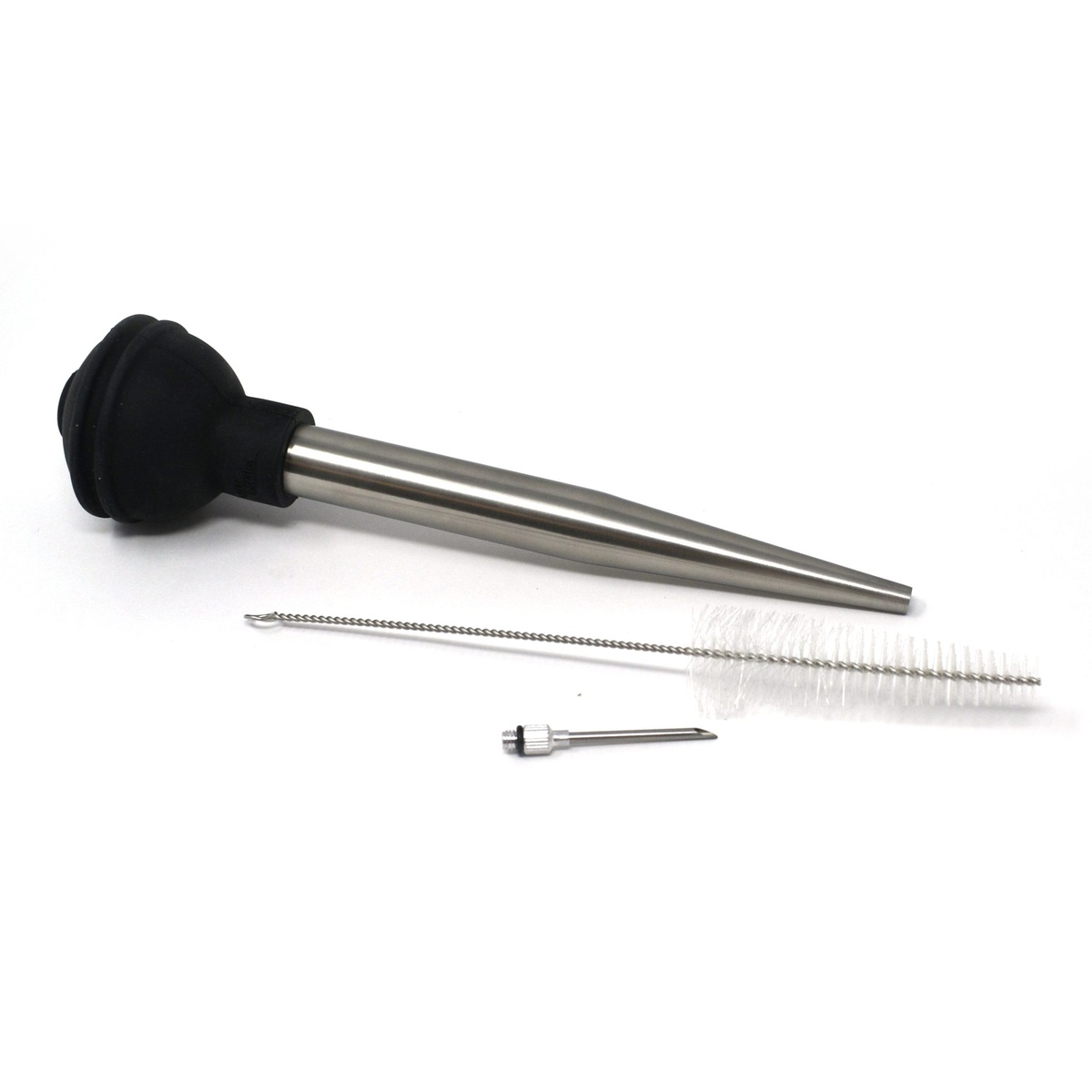 Norpro 5898 baster with silicone bulb, stainless steel tube, injecting needle, and cleaning brush shown together at a diagonal angle on white background