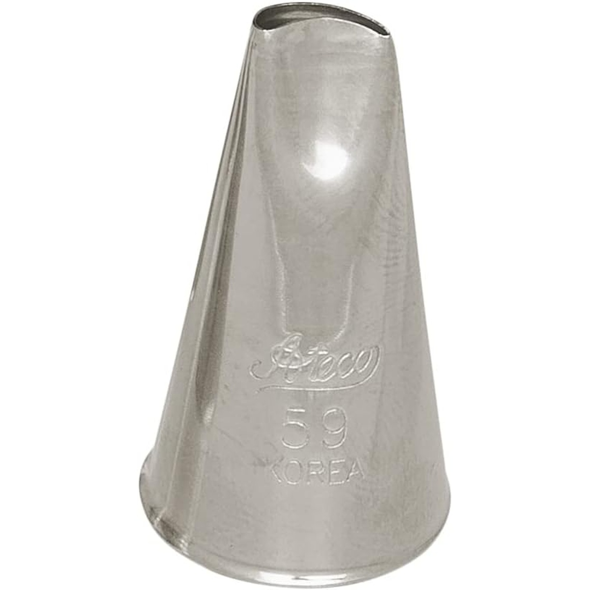 Ateco No. 59 curved-petal piping tip in stainless steel, front view showing curved opening