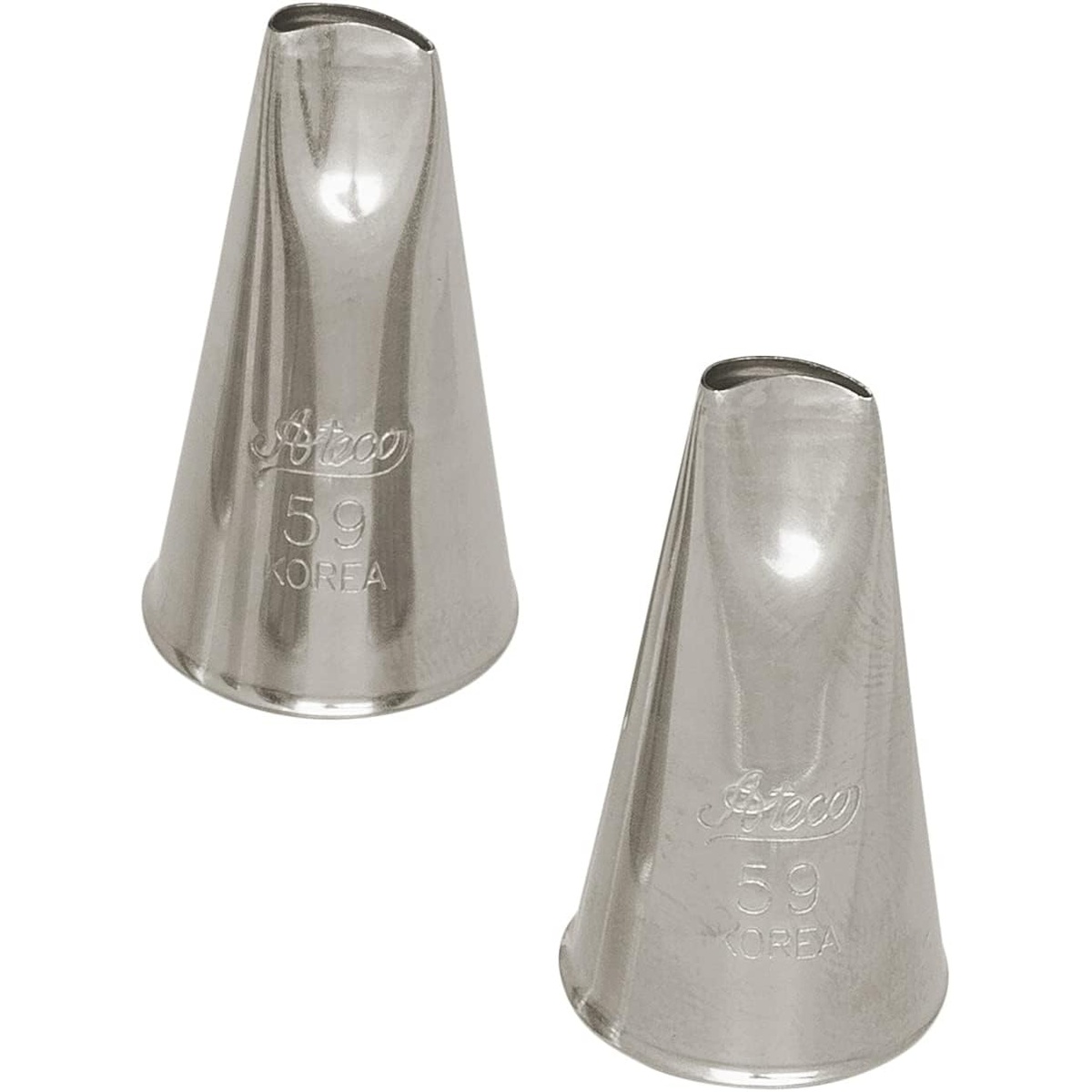 Two Ateco No. 59 curved-petal stainless steel piping tips shown from different angles