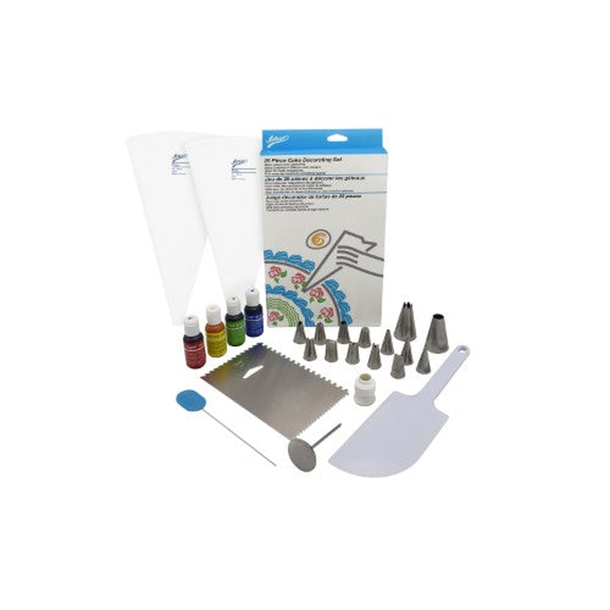 Ateco 591 25-piece cake and food decorating kit with bags, tips, gel colors, spatula, comb smoother, and cake tester spread out