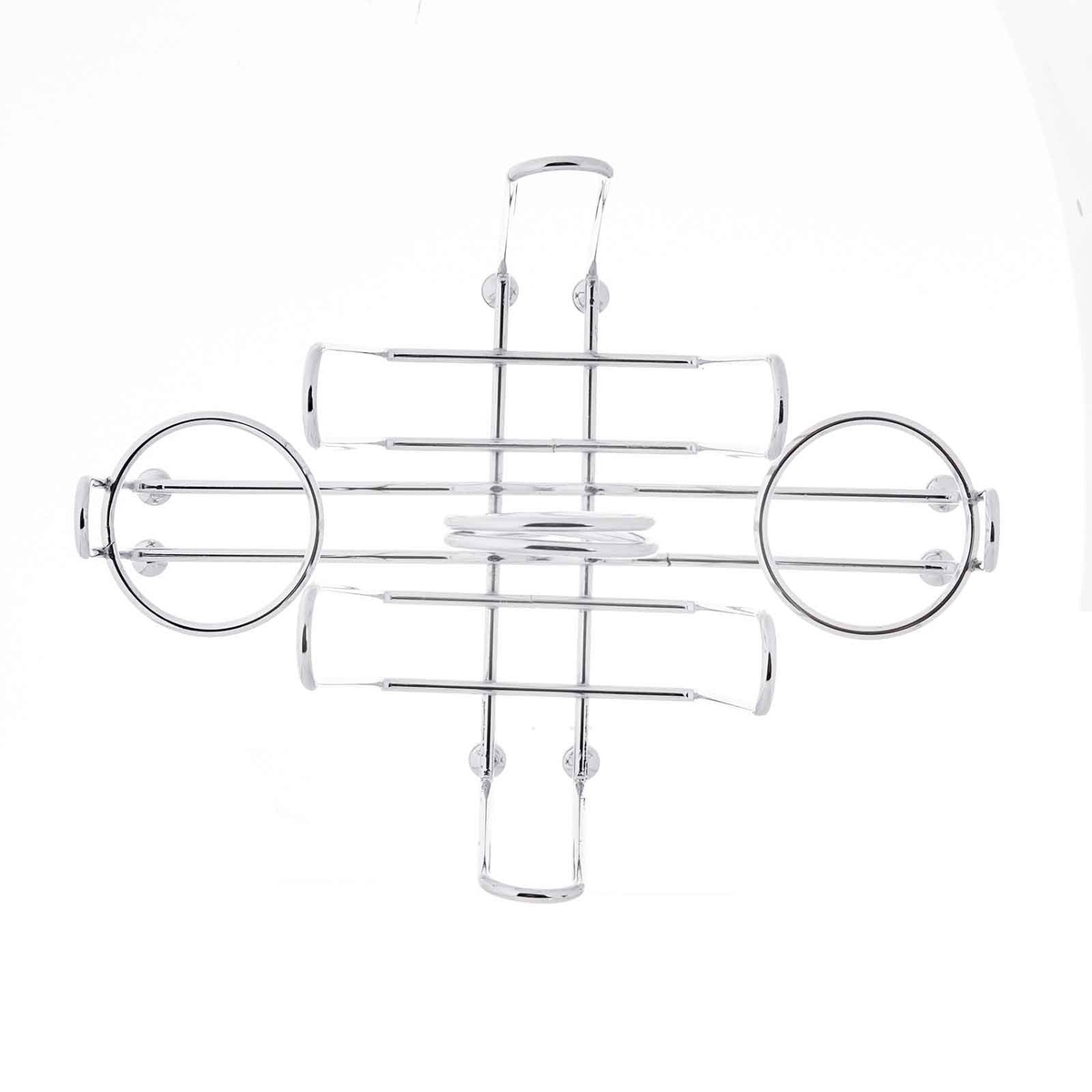 Tablecraft 591C chrome condiment caddy, top-down view showing the symmetrical layout of four compartments and ball feet