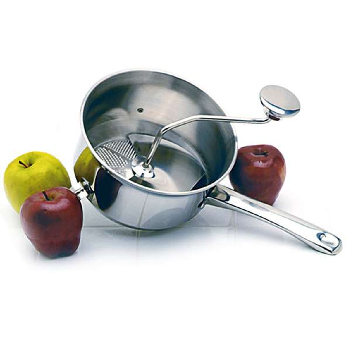 Stainless steel food mill with fresh apples