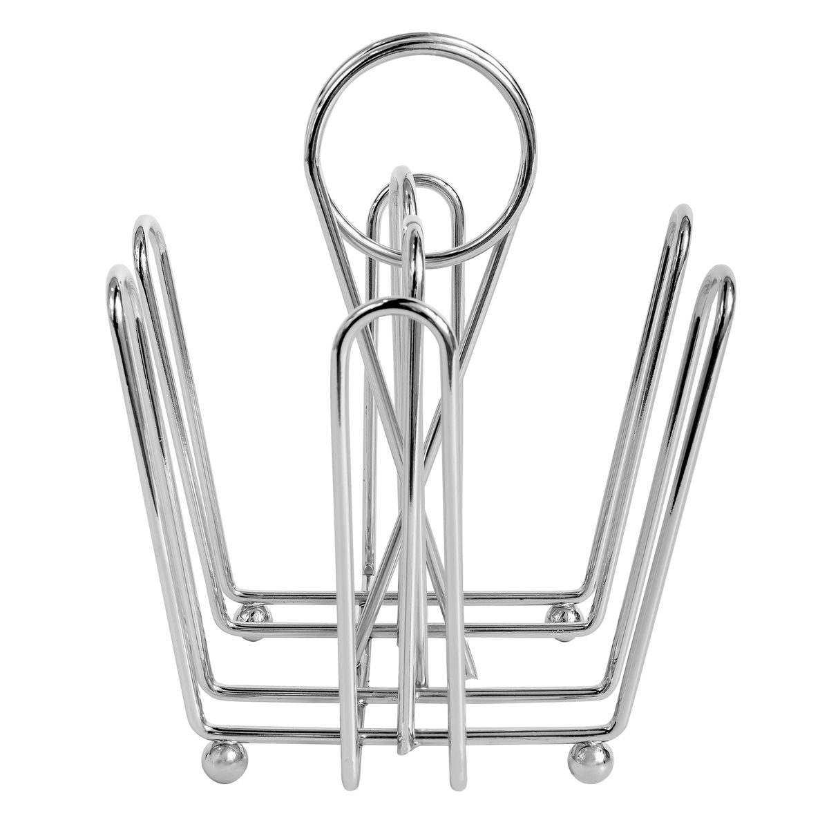 Tablecraft 597C chrome wire condiment caddy side view showing full wire structure and ball feet