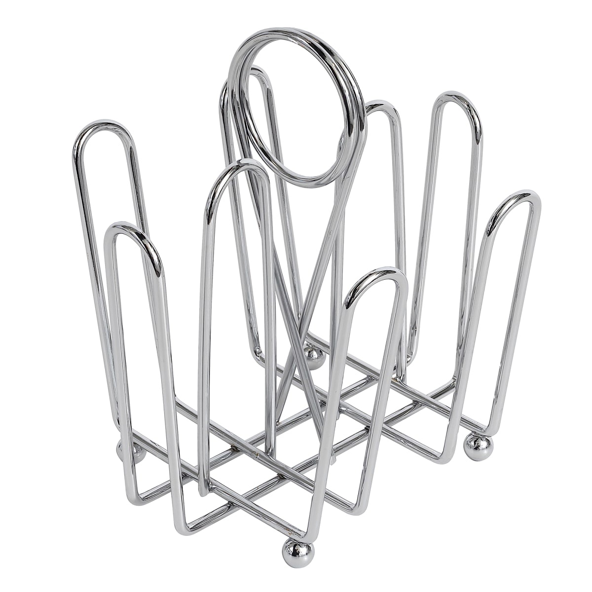 Tablecraft 597C chrome-plated wire 4-compartment condiment caddy with merchandising ring, angled view