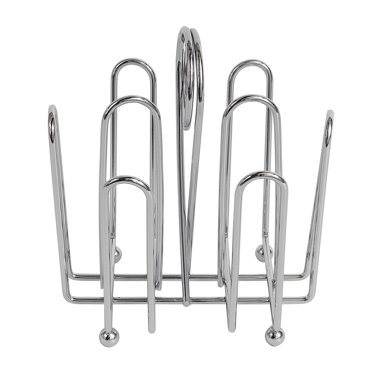 Tablecraft 597C chrome condiment rack front view showing four wire slots and center ring