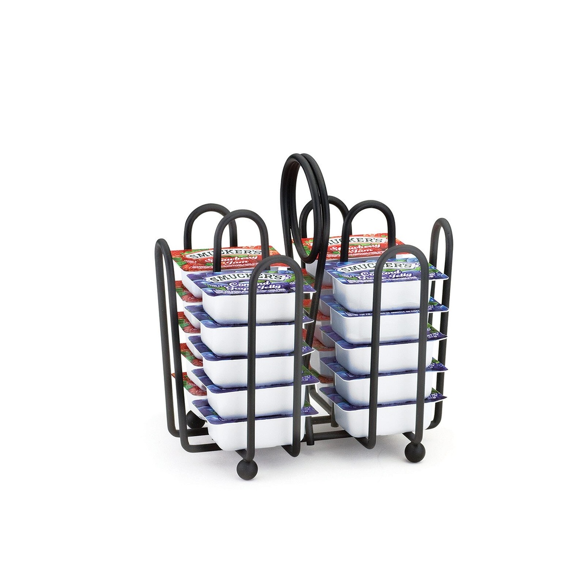 Tablecraft 597CBK black wire jelly packet holder loaded with Smucker's single-serve jelly cups