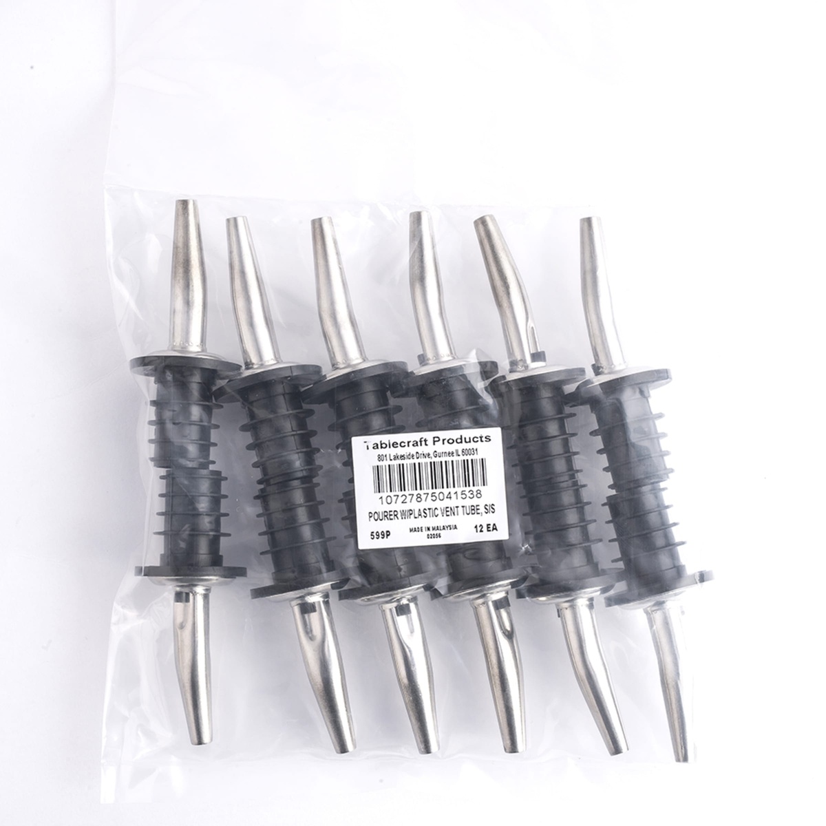 Tablecraft 599P pourers packaged as a dozen in a clear plastic bag with product label