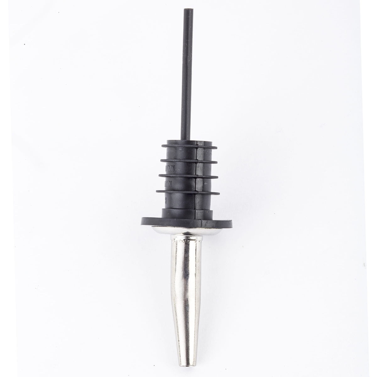 Tablecraft 599P pourer showing stopper side with stainless steel spout pointing downward