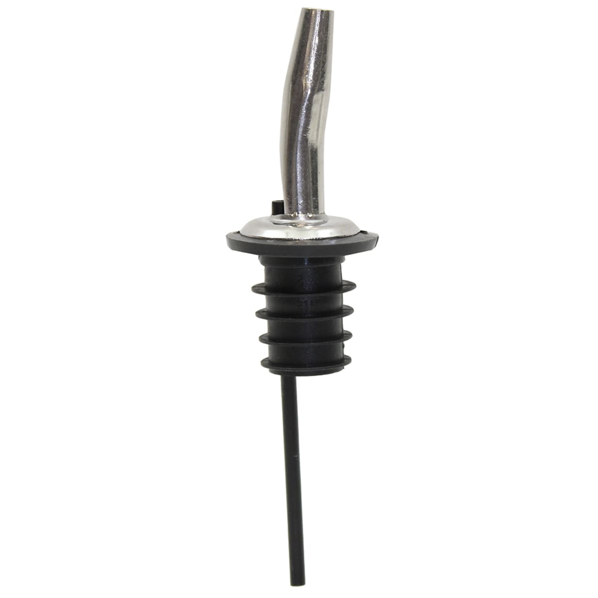 Tablecraft 599P stainless steel pourer with plastic vent tube, upright side view