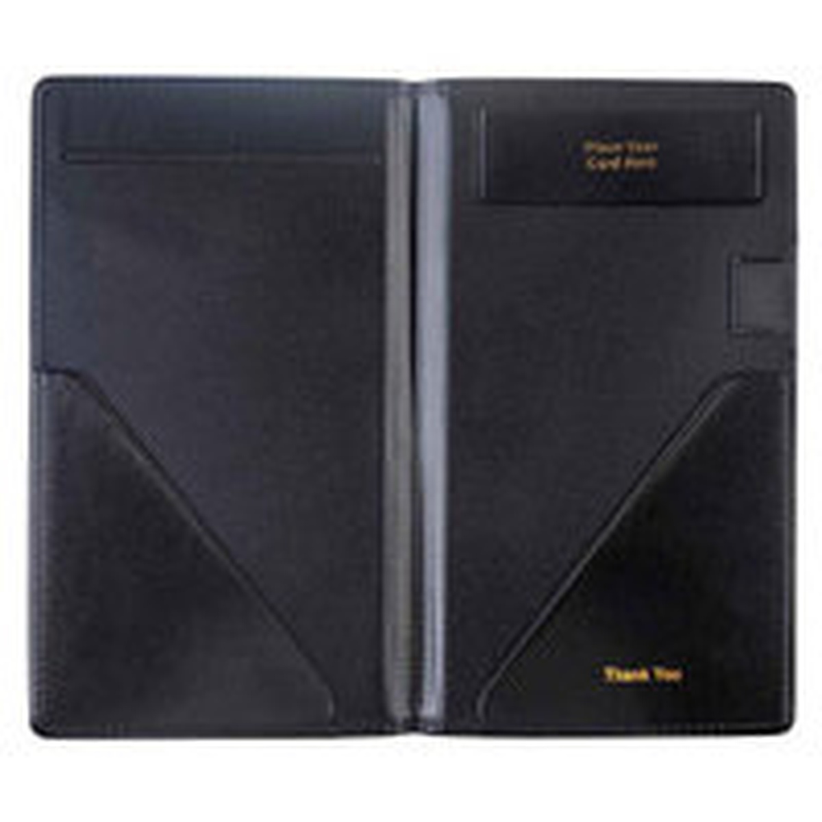 Guest check presenter open showing interior credit card sleeve, pen loop, and Thank You imprint