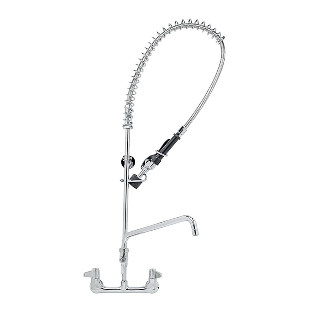 T&S Brass 5PR-8W12-C wall-mount pre-rinse unit with 12-inch swing nozzle, 44-inch stainless steel hose, and polished chrome-plated brass faucet base