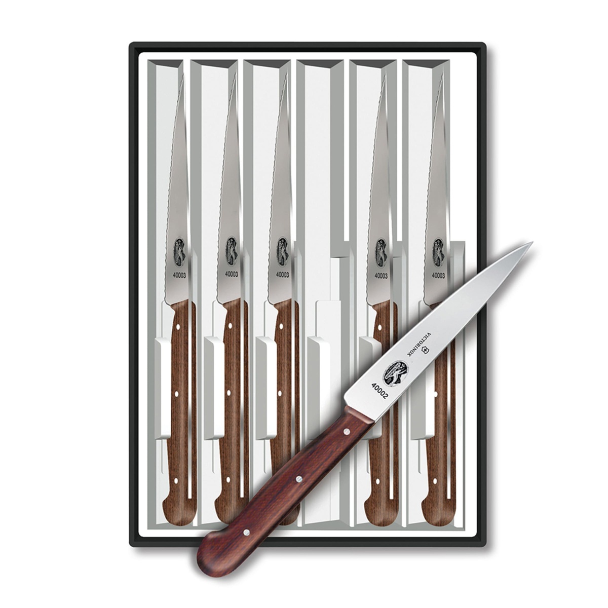 Victorinox 6-piece steak knife set viewed from front showing upright blades in tray with single knife displayed diagonally highlighting rosewood handle and smooth blade