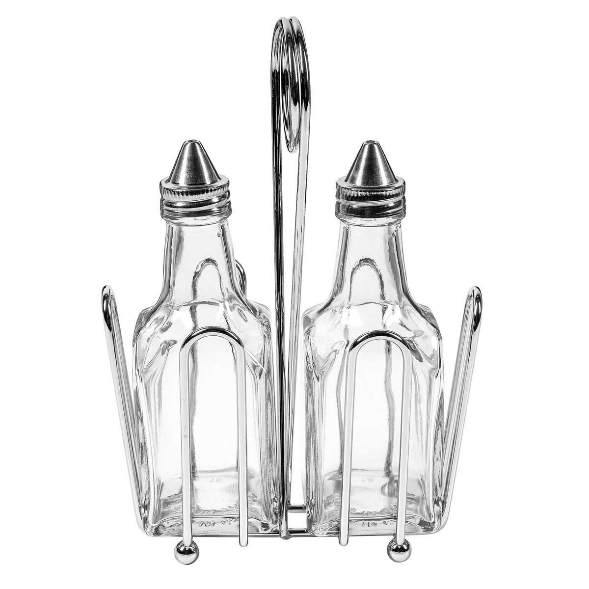 Tablecraft 600ST cruet set front view, two clear glass bottles with stainless tops seated in chrome rack