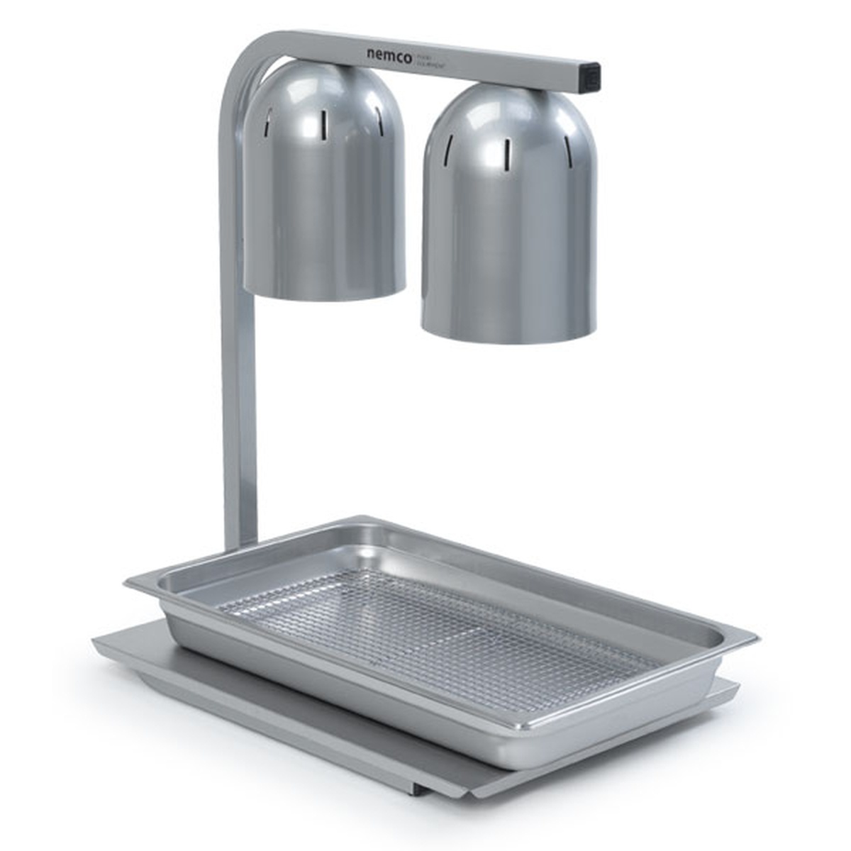 Nemco 6000A-2 two-bulb freestanding heat lamp with perforated food pan and base tray