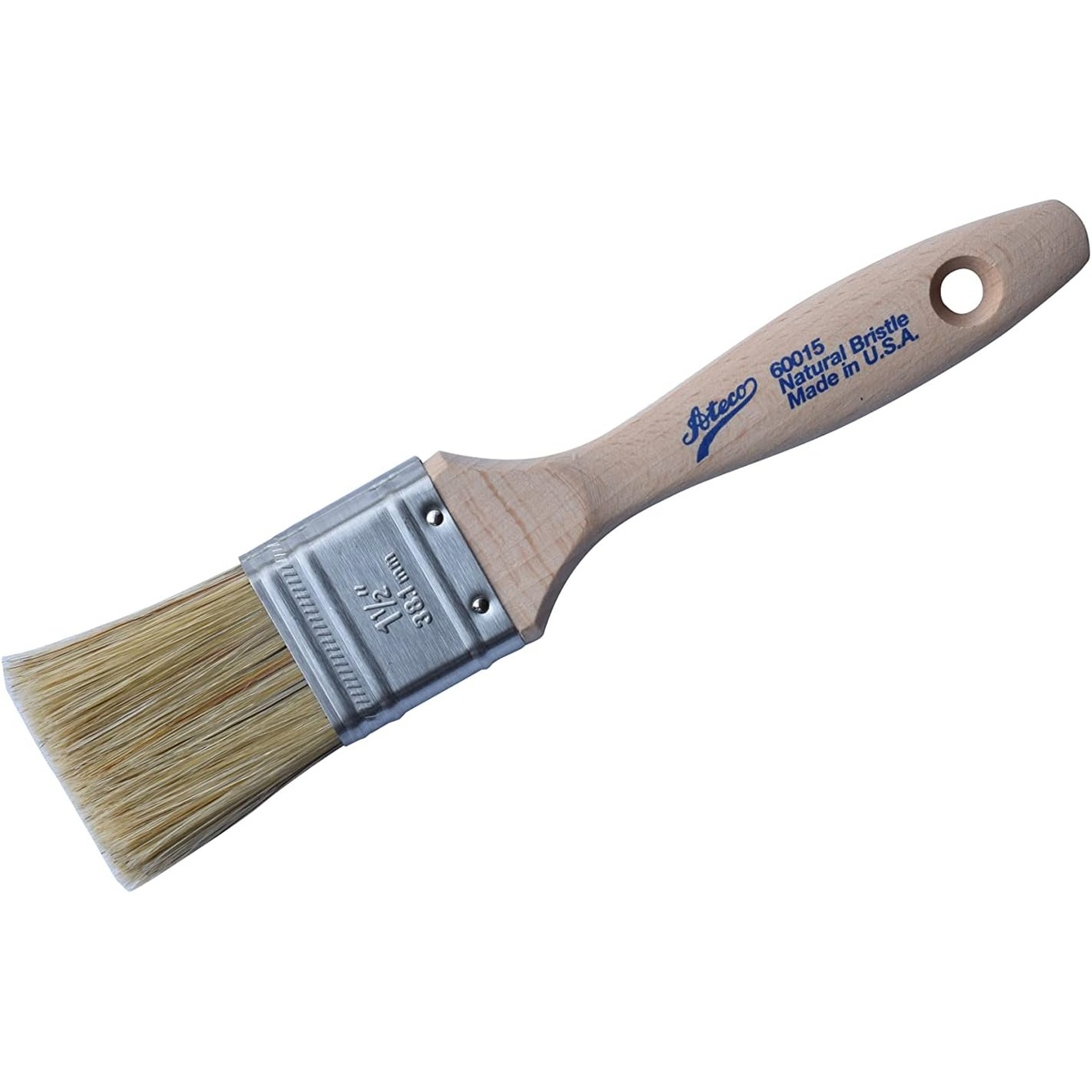 Ateco 60015 pastry brush angled view showing natural boar bristles, stainless steel ferrule stamped 1-1/2 inch, and sanded beech wood handle with model number