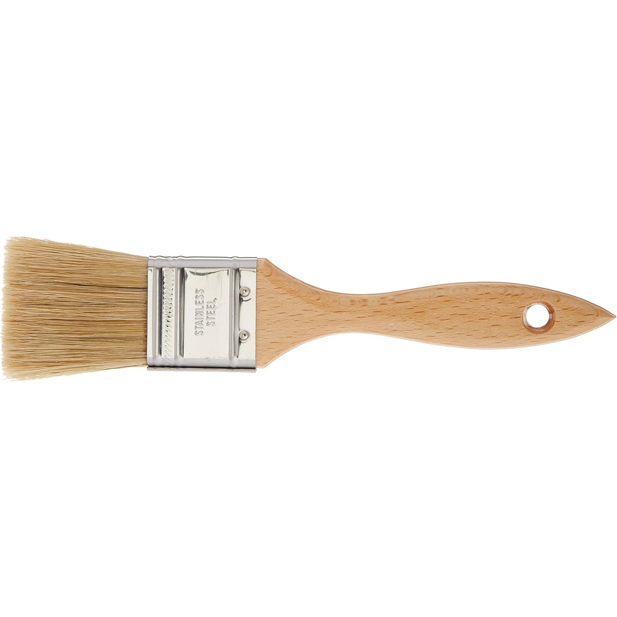 Ateco pastry brush front view showing stainless steel ferrule stamped with stainless steel marking, natural bristles, and hanging hole in the beech wood handle