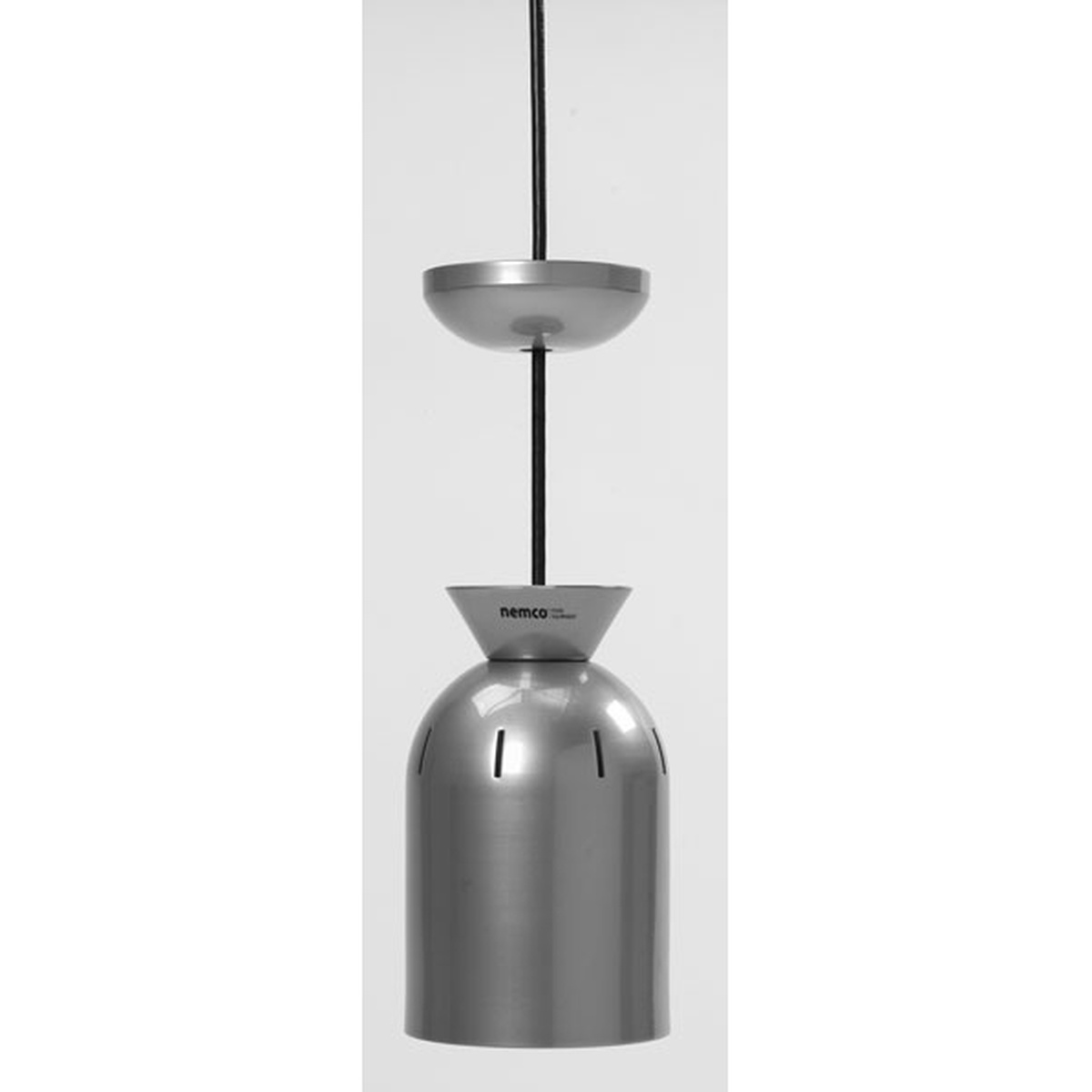 Nemco 6003 ceiling mount infrared bulb food warmer with silver aluminum hood hanging on suspension cord