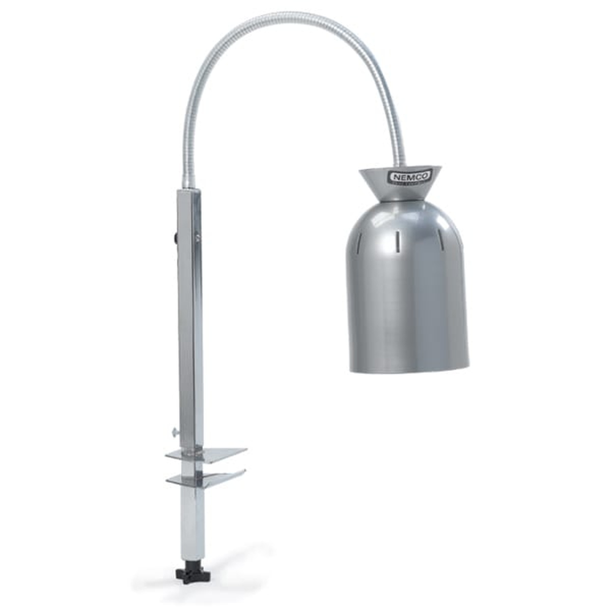 Nemco 6004-4 single-bulb clamp-on infrared heat lamp with silver bell hood and adjustable gooseneck arm