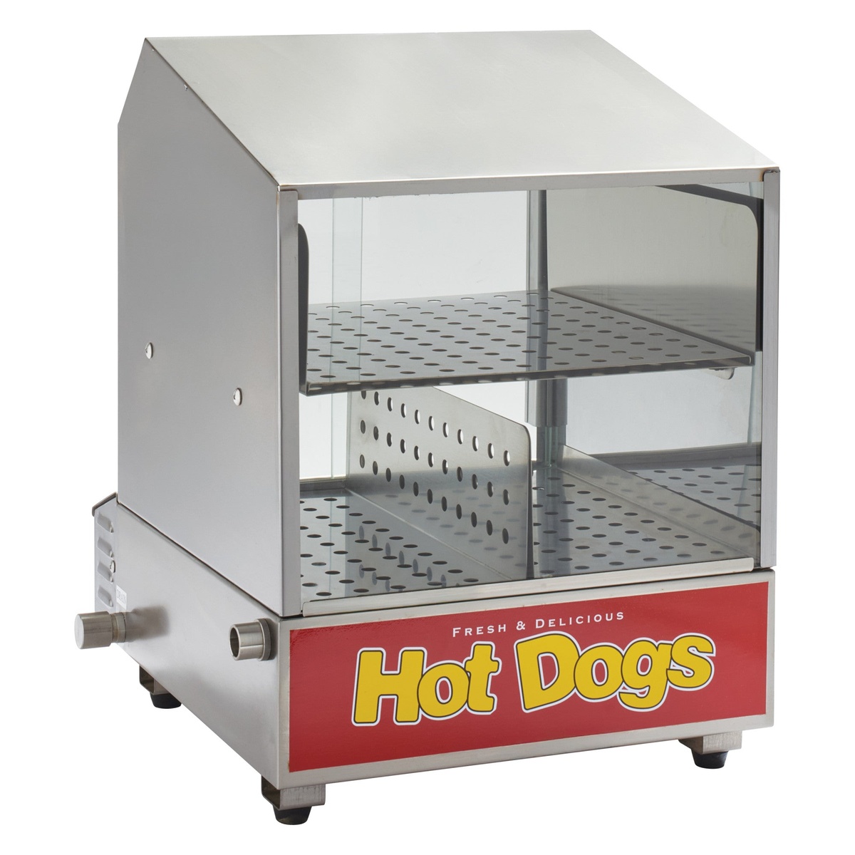 BenchmarkUSA Dog Pound hot dog steamer with stainless steel body, tempered glass sliding doors, and perforated food trays