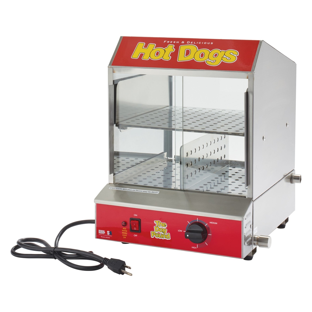 BenchmarkUSA Dog Pound steamer showing front control panel with ON/OFF switch, thermostat dial, and power cord