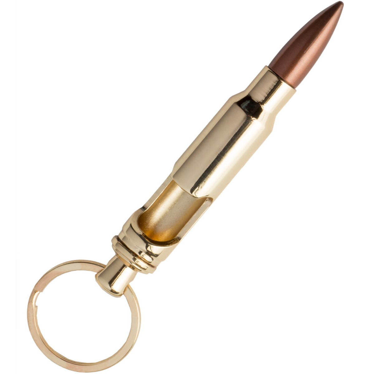 Franmara brass bullet-shaped bottle opener with copper tip and attached key ring