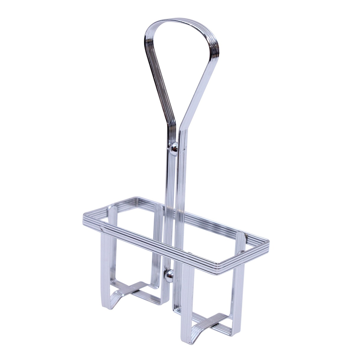 Tablecraft 600R chrome-plated cruet rack with vertical center handle and rectangular wire frame base on white background