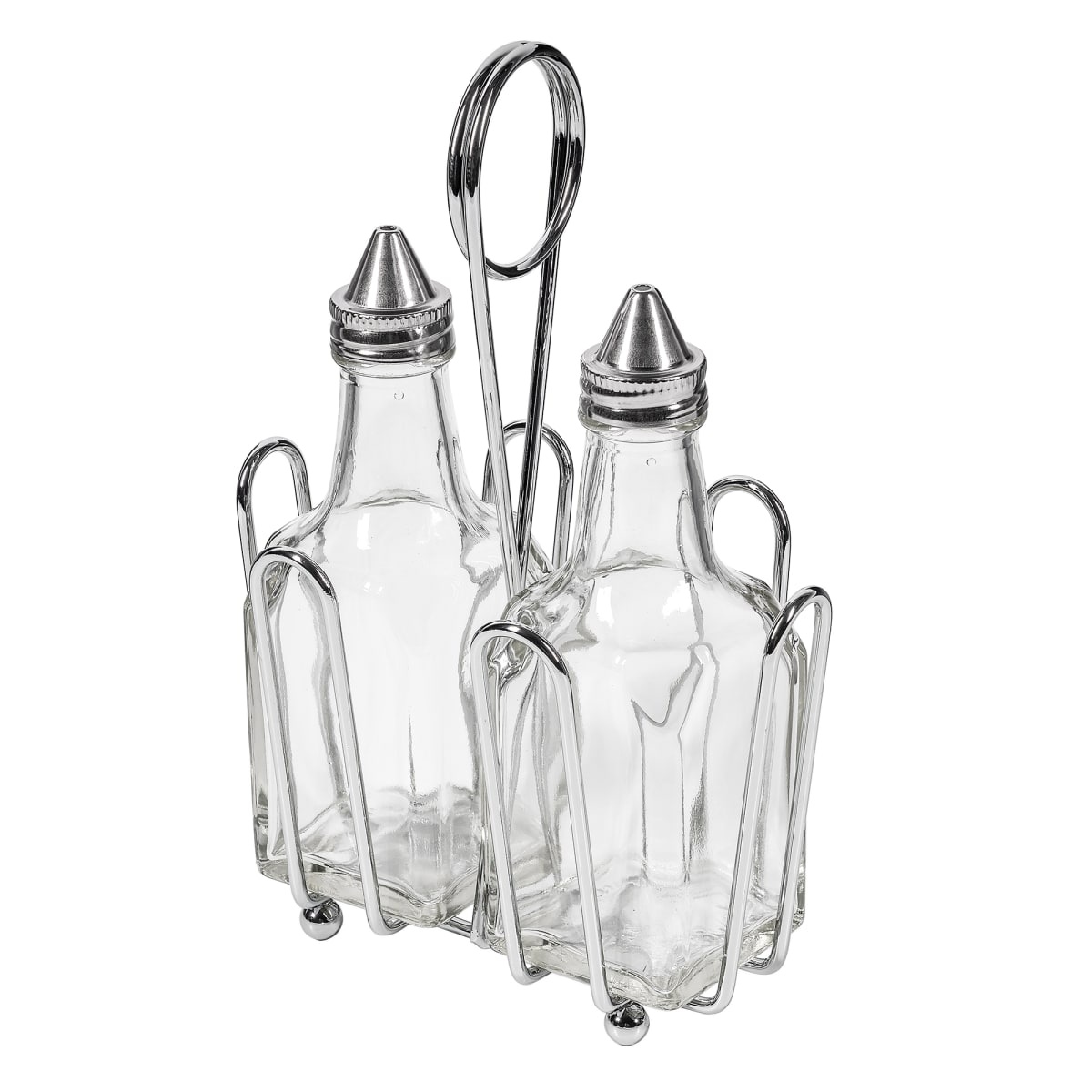Tablecraft 600ST assembled oil and vinegar cruet set with two clear glass bottles in chrome rack, angled view