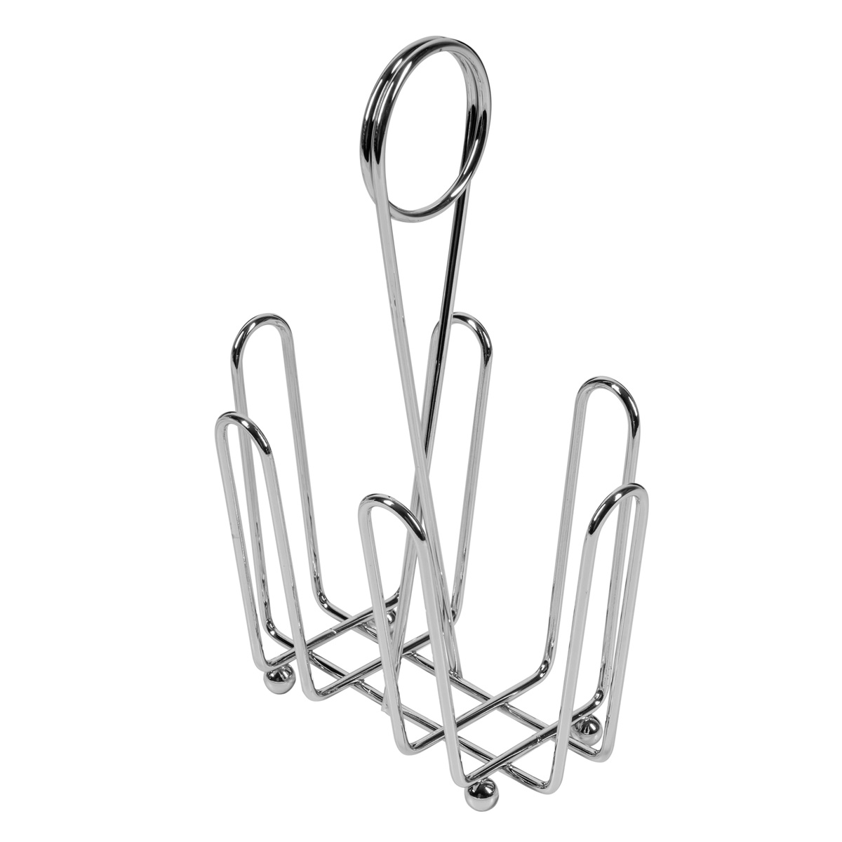 Tablecraft 590C2 chrome-plated wire cruet rack with looped handle and ball-tip feet, shown without bottles