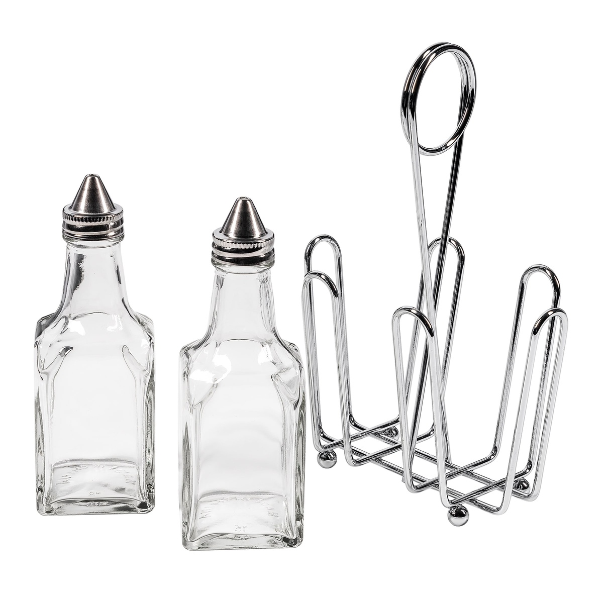 Tablecraft 600ST disassembled set showing two individual clear glass bottles with stainless steel tops and chrome wire rack laid out separately