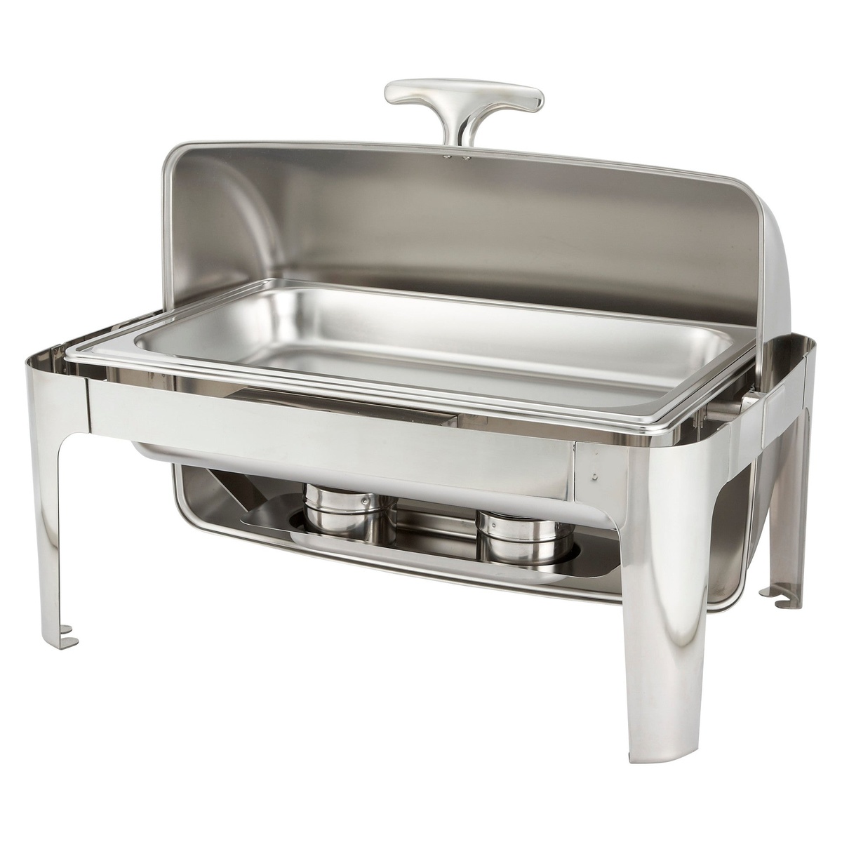 Winco 601 Madison chafer with roll-top lid fully open, revealing full-size food pan and fuel holders