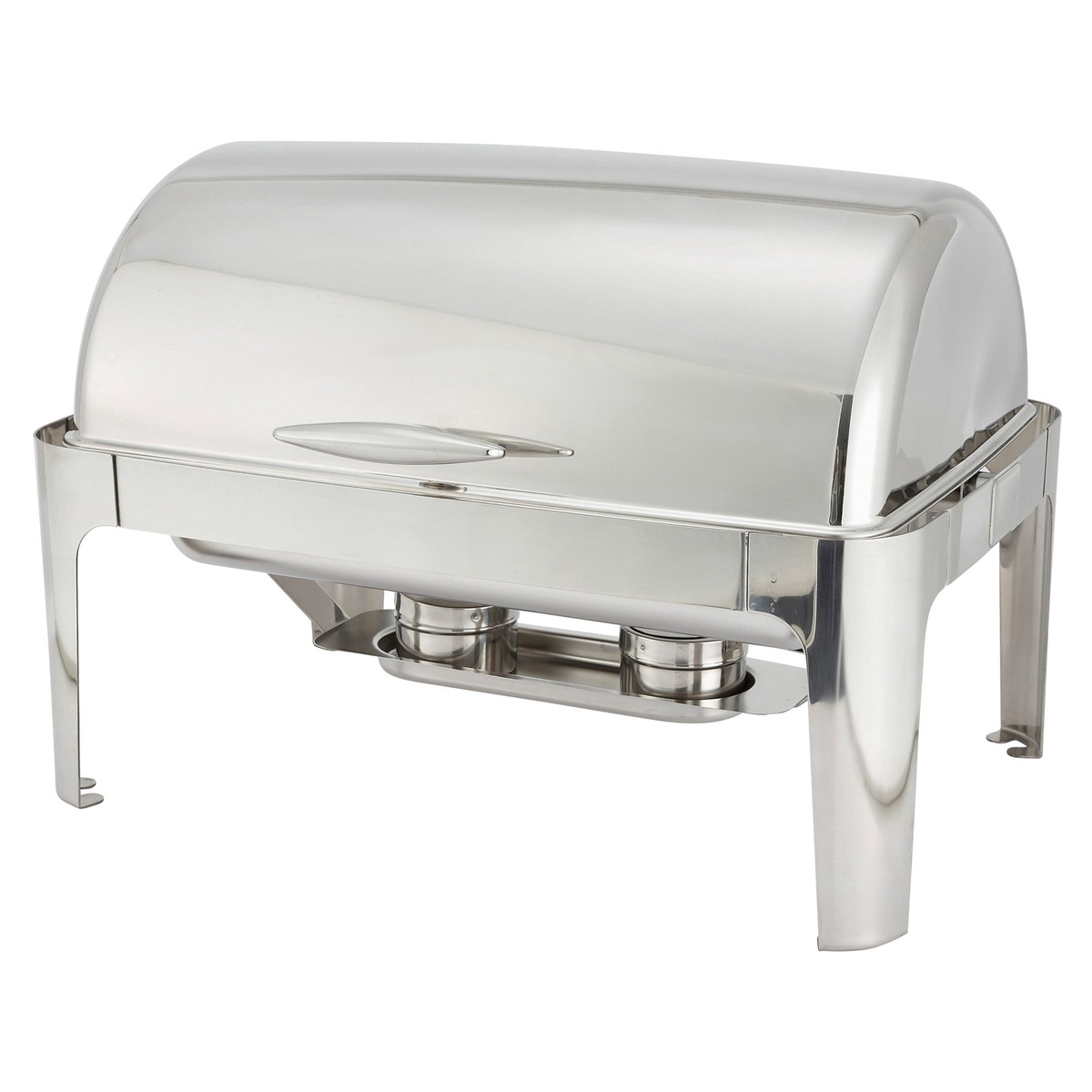 Winco 601 Madison full-size roll-top chafer with lid closed, stainless steel mirror finish