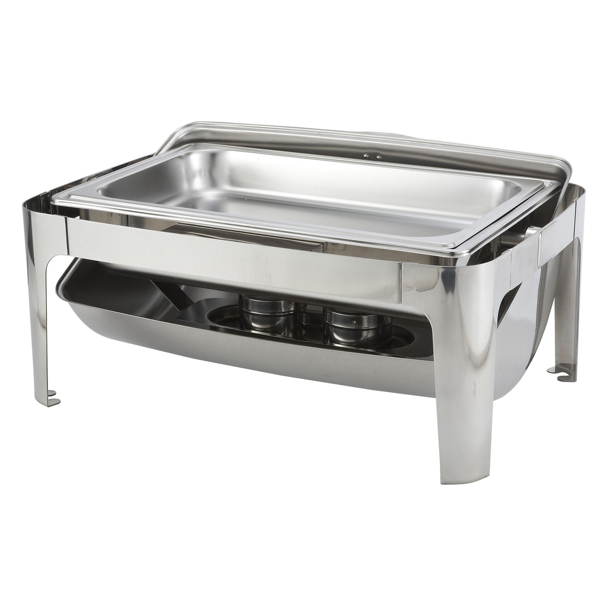 Winco 601 Madison chafer viewed from above with roll-top lid rolled back, showing food pan insert