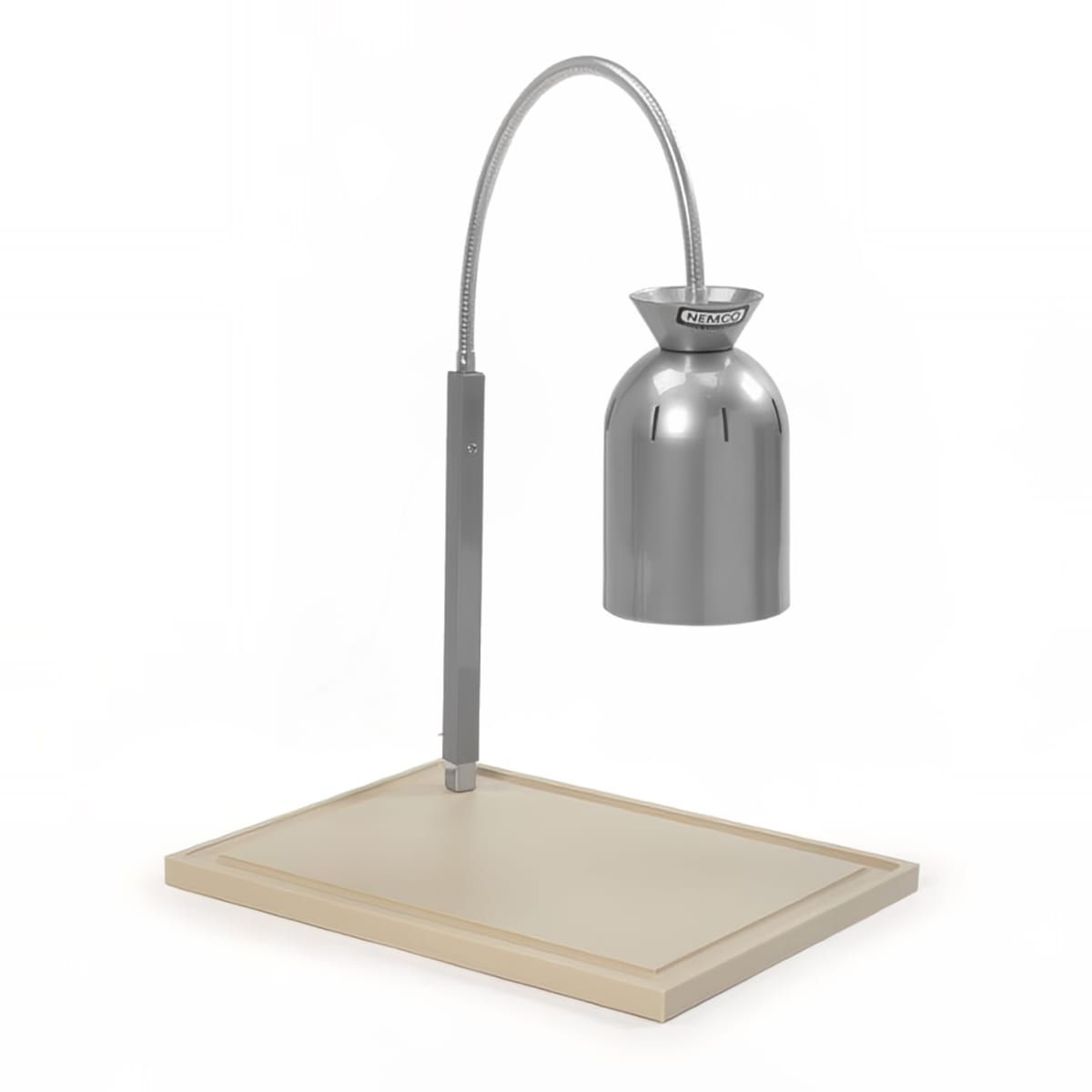 Nemco 6015 single-bulb carving station with flexible gooseneck lamp and polyethylene cutting board on white background