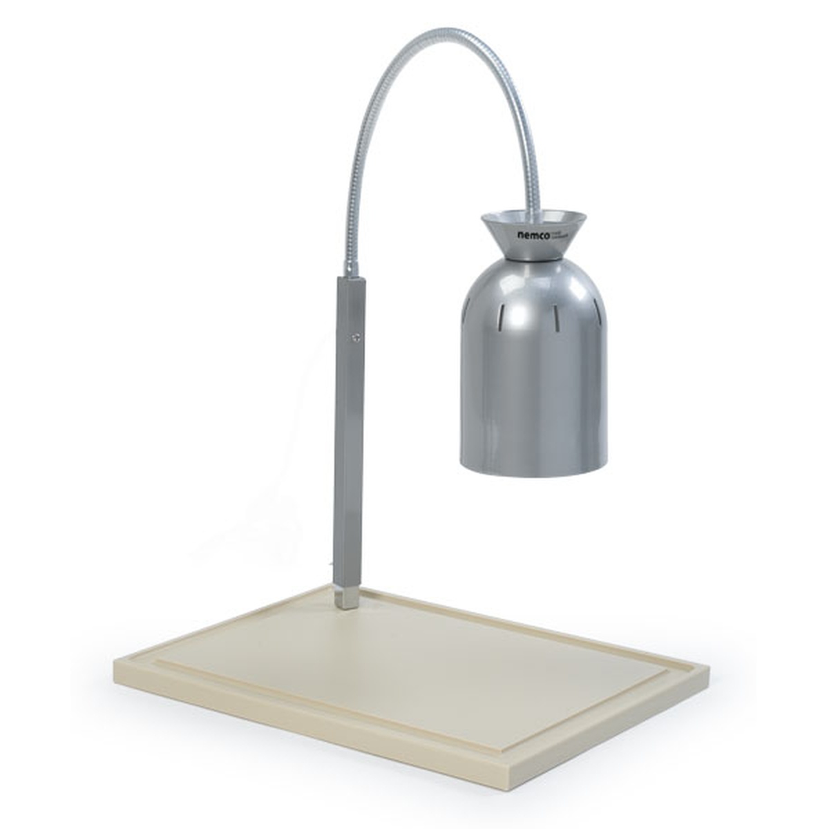 Nemco 6016 single bulb carving station with chrome gooseneck lamp and wooden cutting board base