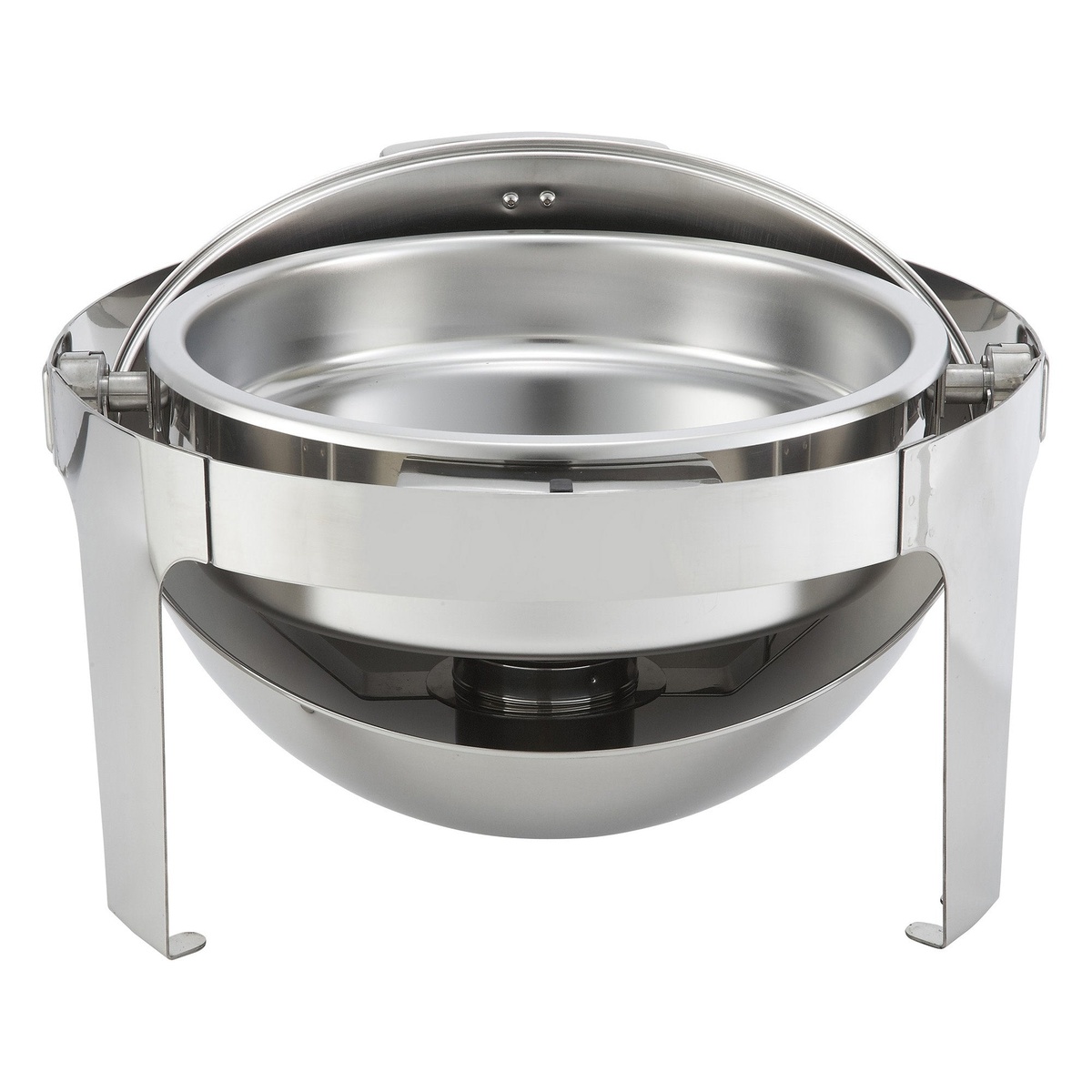 Winco 602 Madison chafer with lid rolled fully back showing open round food pan and water pan on stand from above angle