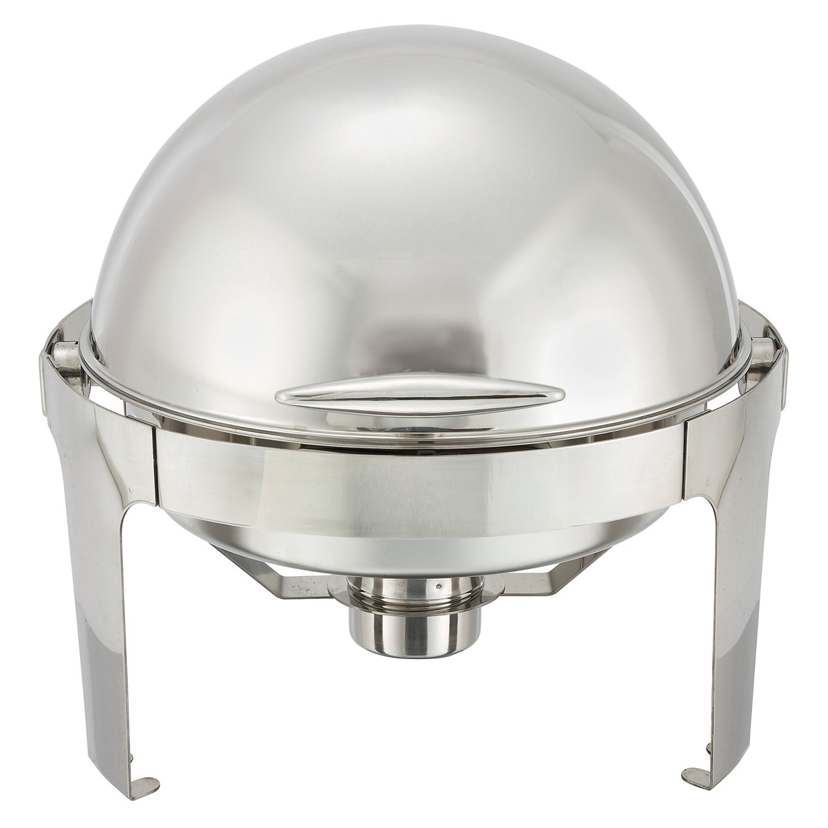 Winco 602 Madison 6-quart round roll-top chafer with dome lid closed, polished stainless steel mirror finish