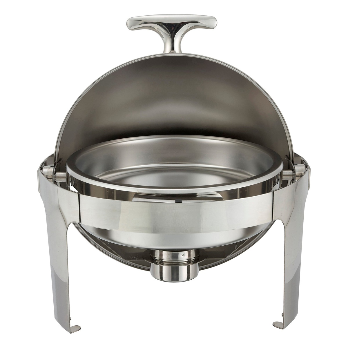 Winco 602 Madison chafer with roll-top lid open at 90 degrees revealing the round food pan inside