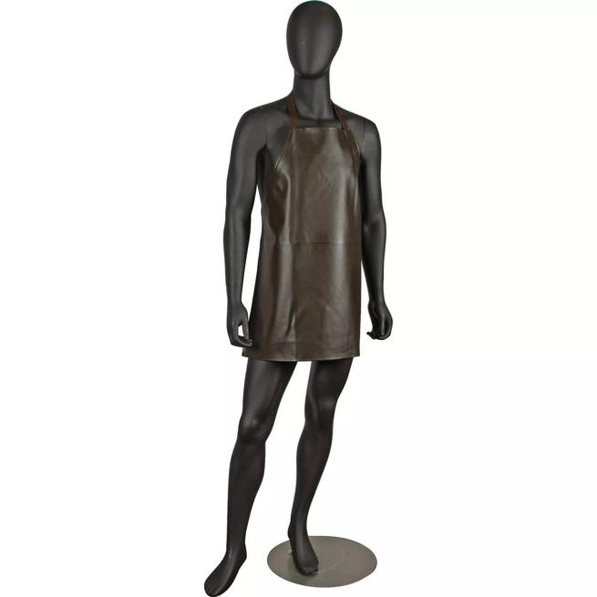 Brown vinyl bib apron displayed on full-body mannequin, front view