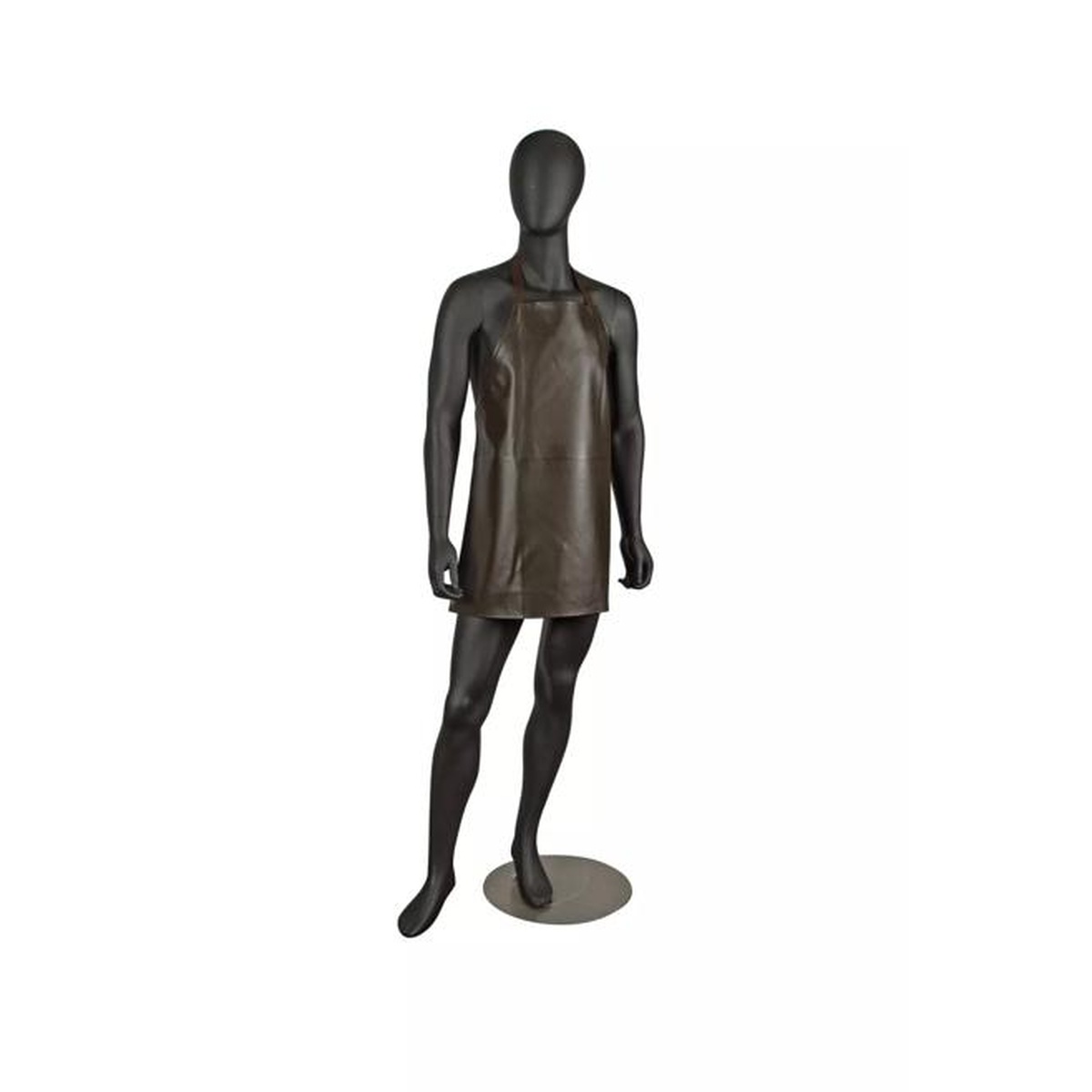 Brown vinyl bib apron regular length on mannequin, side-angled view