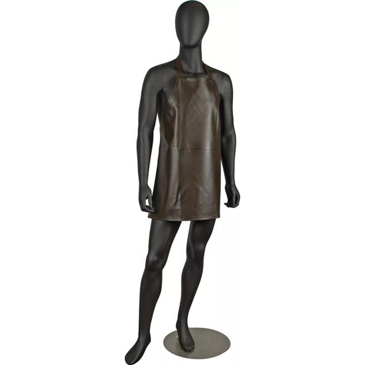 Brown vinyl bib apron close-up front view on mannequin showing material texture