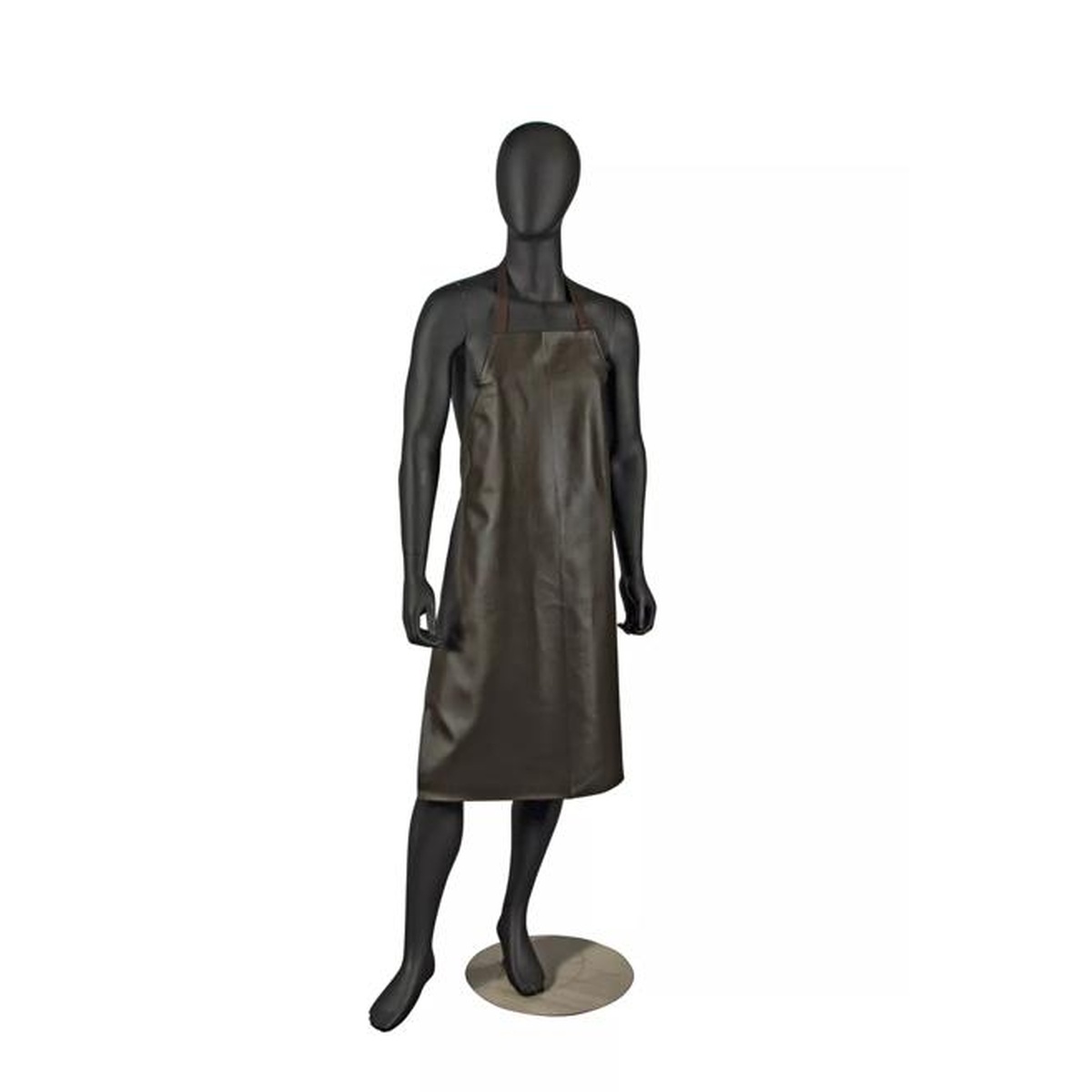 Brown vinyl bib apron in long length displayed on mannequin, full body view
