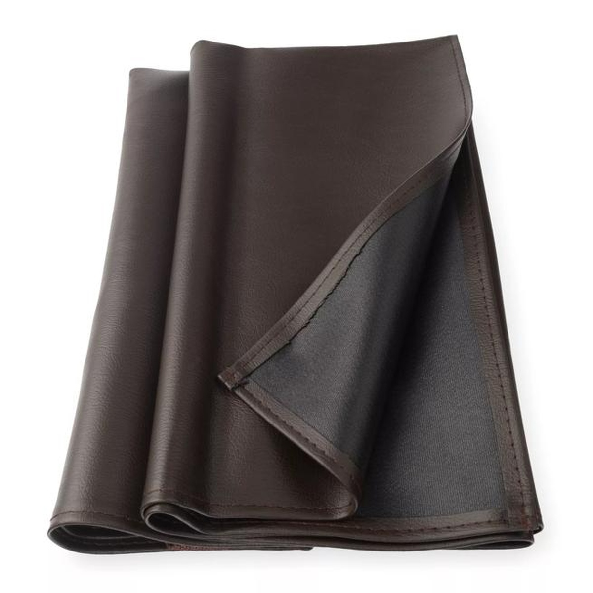 San Jamar brown vinyl bib apron folded flat, showing smooth brown vinyl front and dark gray fabric backing
