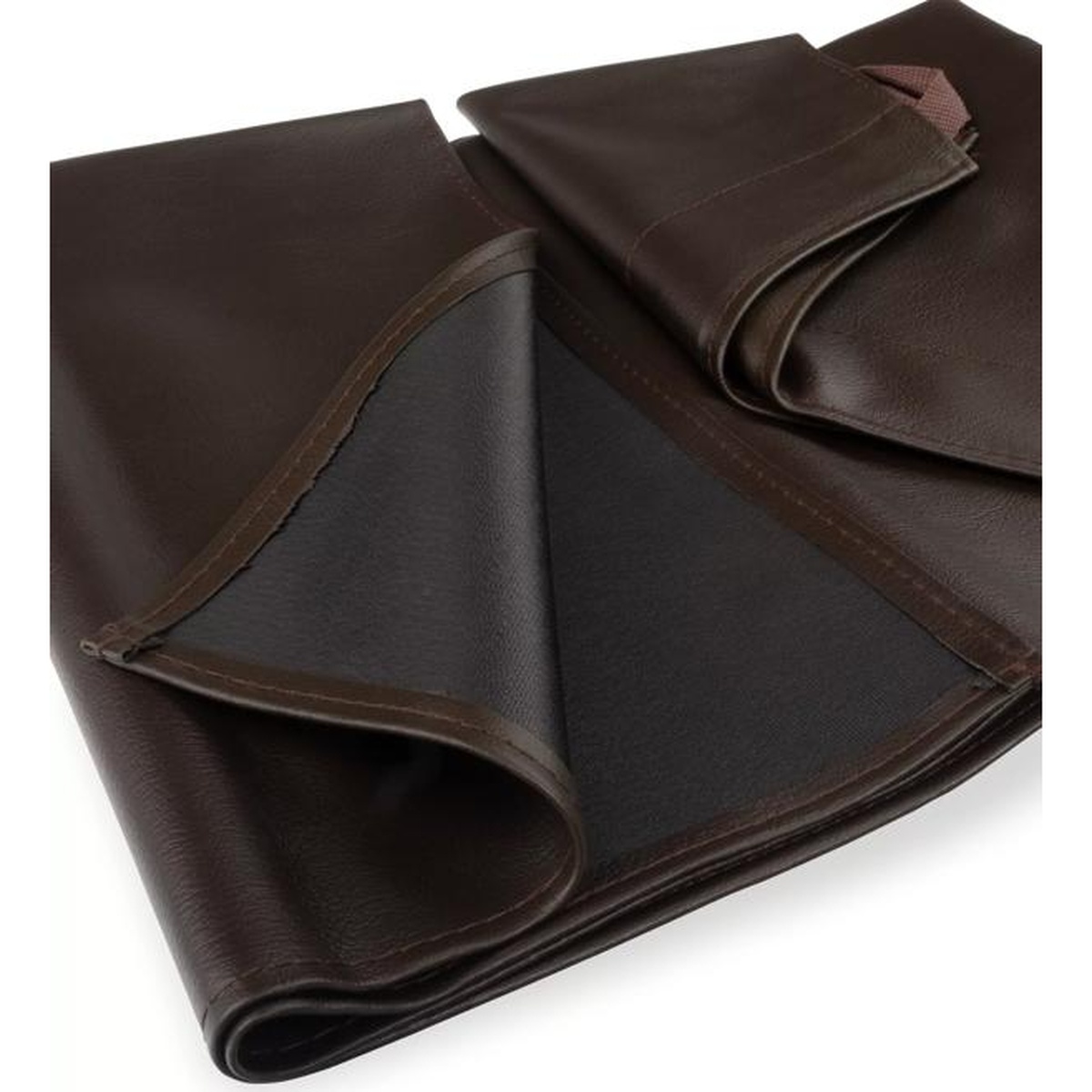 Close-up detail of San Jamar brown vinyl bib apron showing stitched edges and dual-layer material construction