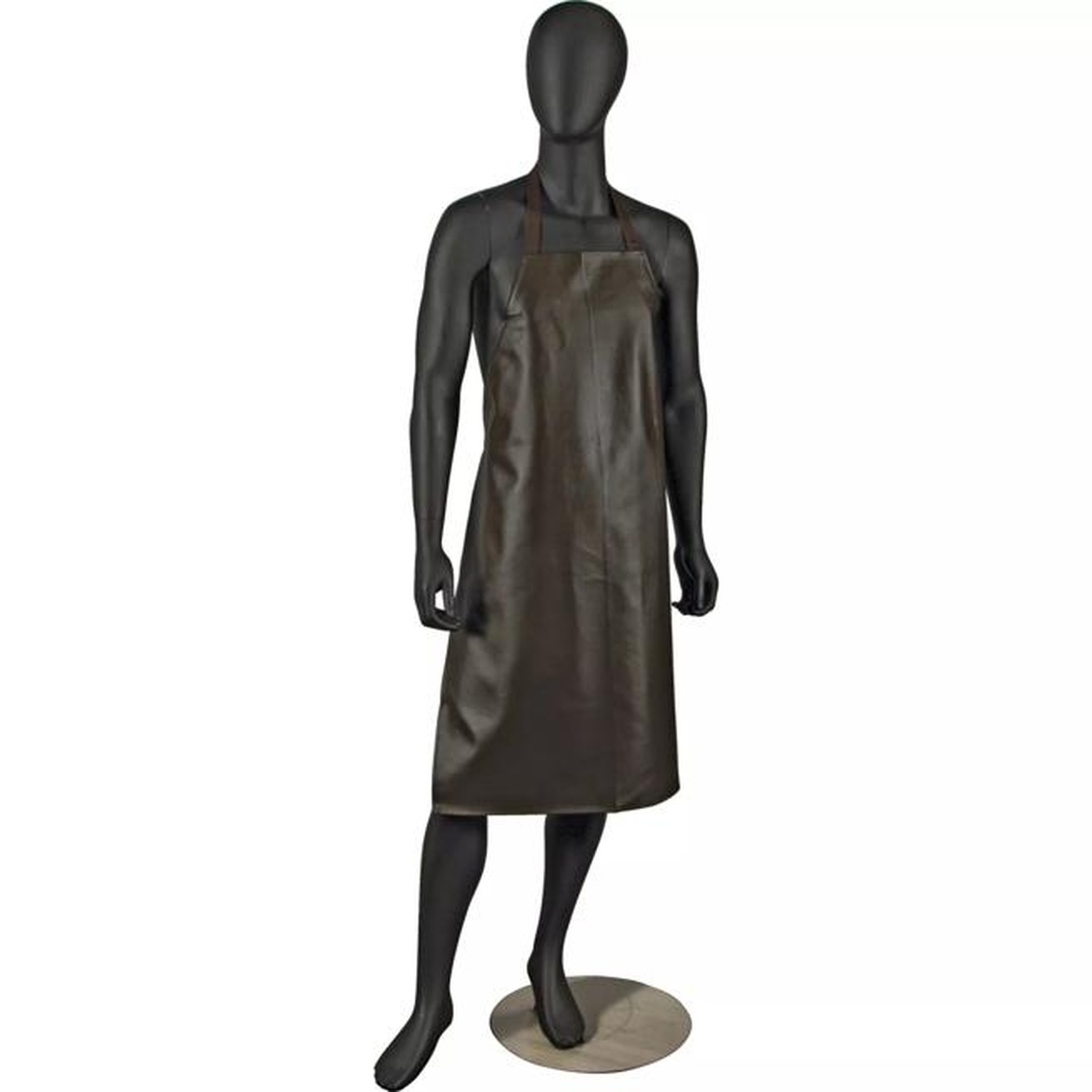 San Jamar 604VBA37-BR brown heavyweight vinyl bib apron displayed on mannequin, full front view