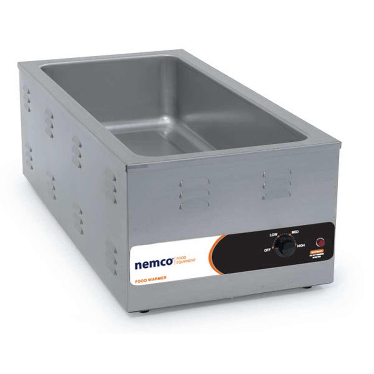 Nemco 6055A-43 4/3 size countertop food warmer with stainless steel well and front-mounted thermostat controls