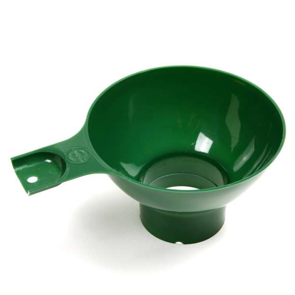 Norpro 607 green wide mouth plastic canning funnel angled view showing stem and vented body